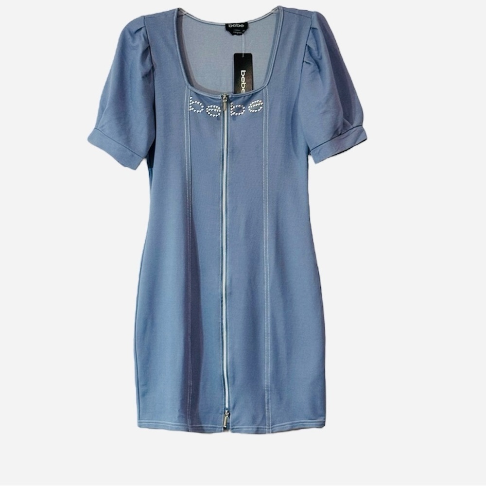 bebe Blue Zip Front Bodycon Dress Small Y2K Fitted Going Out NWT